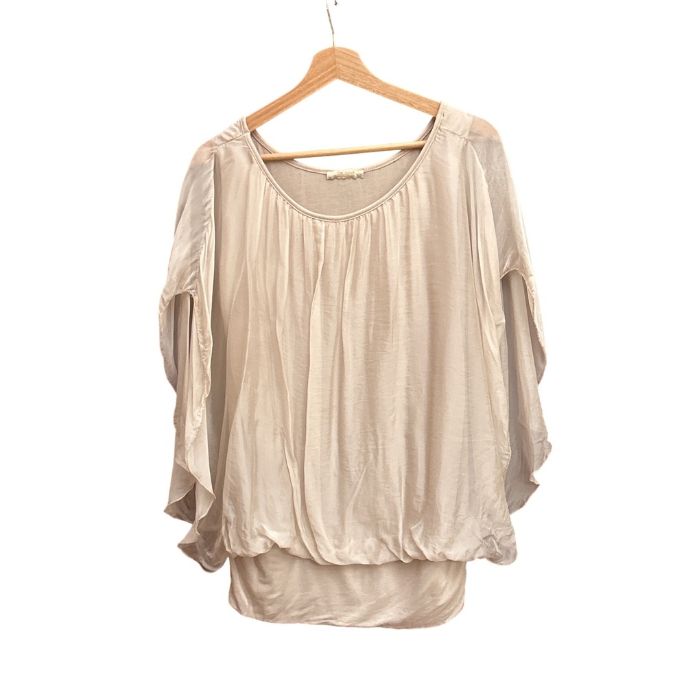 Giusy Made in Italy Silk Blend Blouse Women's Size L Beige Flowy Sleeve Top